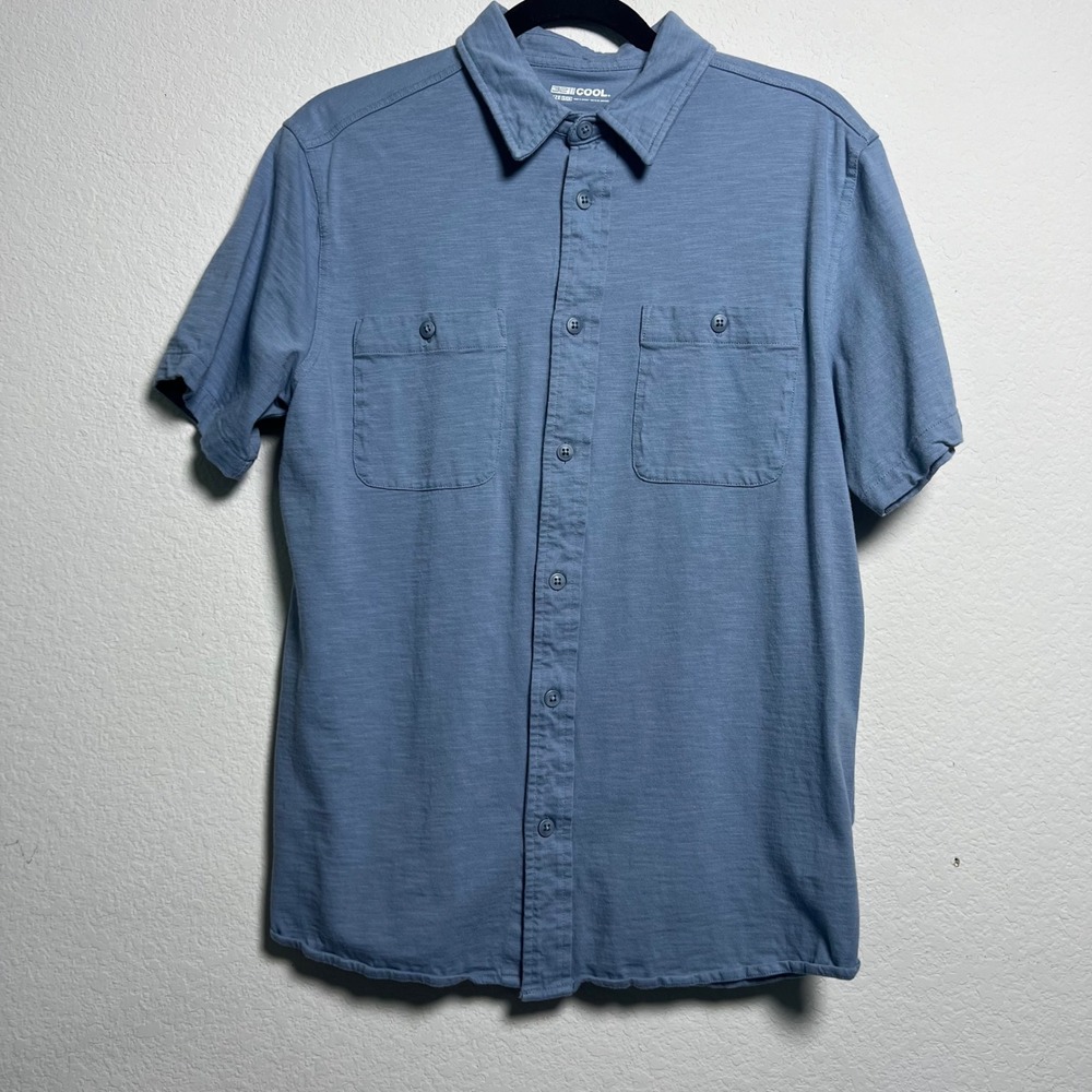 32 Degrees Button Down Shirt Small Blue Mens Gorpcore Short Sleeve Slub Cotton